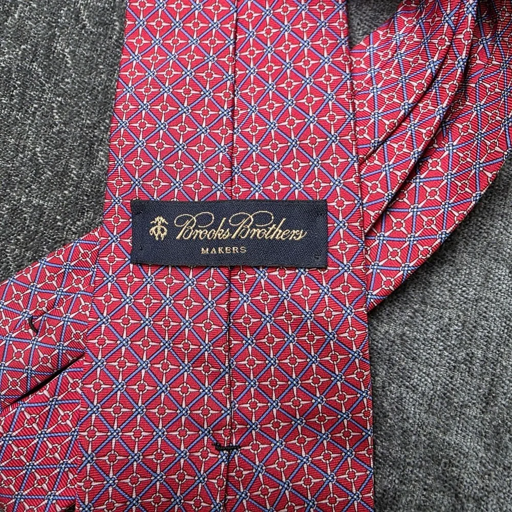 Brooks Brothers Makers All Silk Tie Red White Blue Made In USA Geometric Luxury
